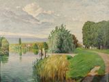 a painting on the wall of a house by the water