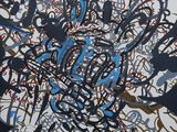 abstract painting of blue, black, and white lines and shapes on a white background