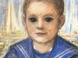 painting of a little girl in a sailor ' s outfit sitting in front of a sailboat