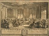an old drawing of a large group of people sitting around a table