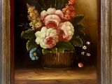 an oil painting of flowers in a basket on a table