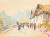un tableau représentant un groupe d'hommes marchant sur une route