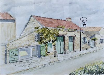 a painting of a street scene with buildings and a street light