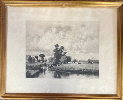 an image of a painting of a landscape with a river in the foreground and trees in the background