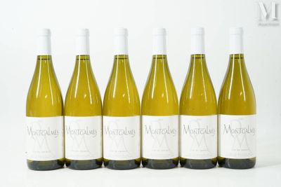 six bouteilles de vin blanc sont alignées
