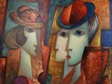 tableau représentant une femme coiffée d'un chapeau qui regarde le visage d'une autre femme dans un miroir