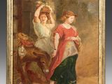 an oil painting of two women in a courtyard with a donkey