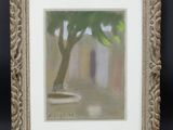 une peinture à l'huile représentant un arbre en pot posé sur une table