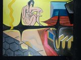 un tableau représentant une femme assise sur un banc