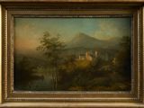 an oil painting of a landscape with a castle in the distance
