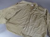 the jacket is tan and has a button down collar