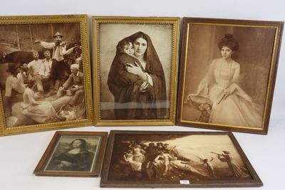 three framed photographs of women in formal dresses and a man in a tuxedo