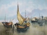 une peinture représentant quelques bateaux sur l'eau