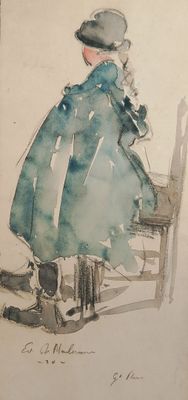 painting of a woman sitting on a chair in a blue dress