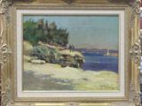 an oil painting of a beach scene with a sailboat in the water