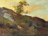 an oil painting of a tree on a hill with a sky background