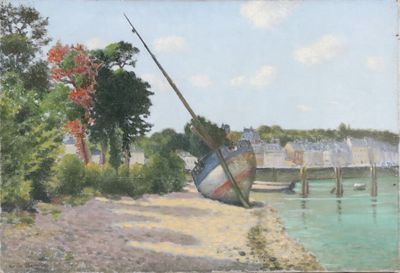 a painting of a boat on the shore by the water