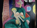 une peinture représentant une femme assise sur une chaise