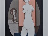 an image of a painting of a woman standing in front of a cat