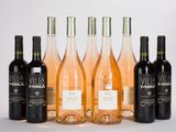 six bouteilles de vin sont alignées sur une table
