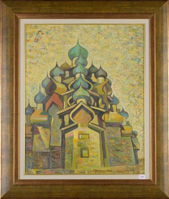 une peinture représentant un bâtiment avec un toit vert et une charpente marron