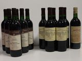 six bottles of wine are lined up in a row on a table