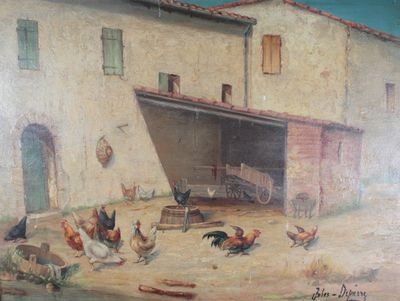 un tableau représentant des poulets à l'extérieur d'un bâtiment