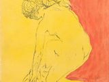a drawing of a man in a yellow shirt with his back to the camera