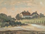 painting of a rural landscape with a house and a fence