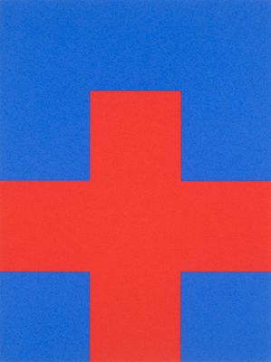une image représentant une croix rouge sur un carré bleu et rouge