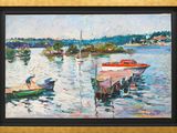 une peinture représentant un homme sur un bateau dans l'eau