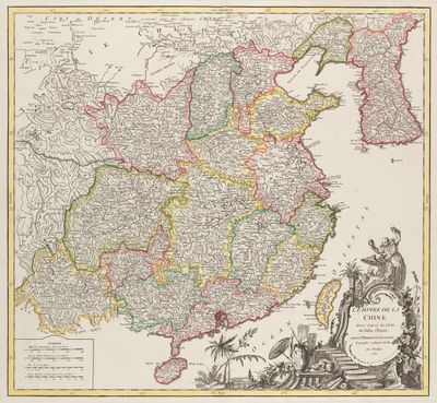 une vieille carte de la Chine, dont les frontières sont indiquées en rouge et en vert