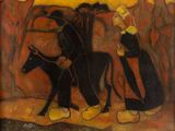 an image of a painting of a man on a horse and a woman on a horse