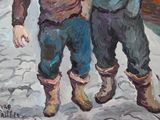 painting of two men walking down a snowy street holding umbrellas