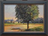 an oil painting of a tree in a field with a house in the background