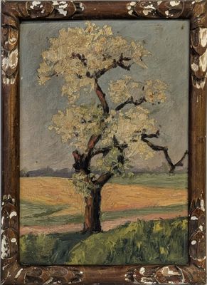 une image d'une peinture représentant un arbre dans un champ