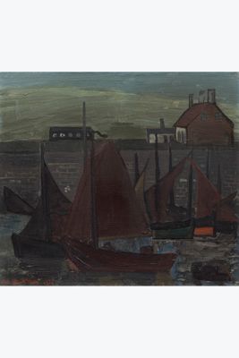 an image of a painting of boats in a harbor with buildings in the background