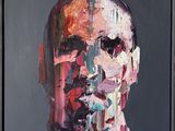 an oil painting of a man ' s face is shown in a black frame
