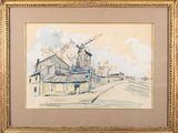 an image of a drawing of a windmill in a village