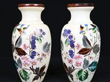 paire de vases ornés d'oiseaux et de fleurs peints sur fond noir