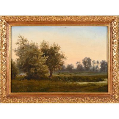 une peinture d'un paysage avec des arbres et une rivière au premier plan
