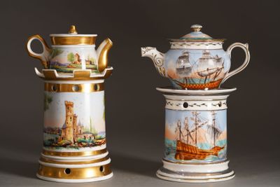 two vases that have been painted with boats on them
