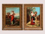 two paintings of a woman in a red dress and a man in a white shirt