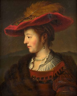 un tableau représentant une femme portant un chapeau rouge orné de plumes sur la tête
