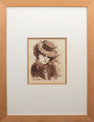 une image représentant le dessin d'une femme portant un chapeau et un manteau de fourrure