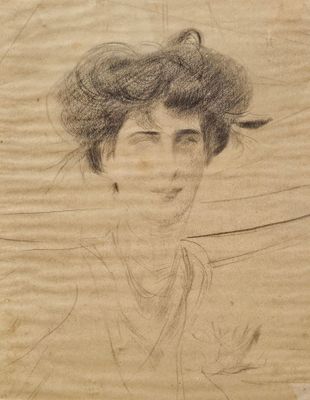 portrait d'une femme coiffée d'un chapeau, à côté d'un dessin représentant un oiseau