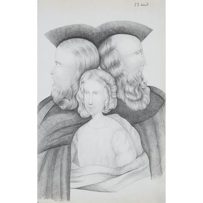 a black and white drawing of three people and a child