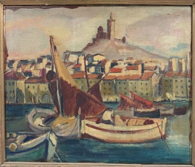 une peinture à l'huile représentant des bateaux dans un port avec un château à l'arrière-plan