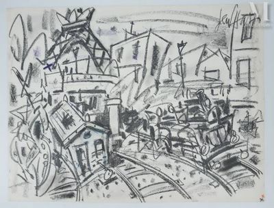 drawing of a black and white drawing of a city with a windmill