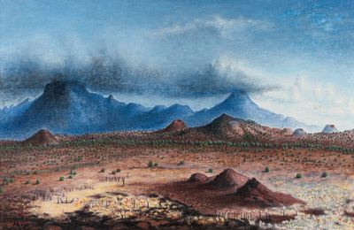 a painting of a desert scene with mountains in the background